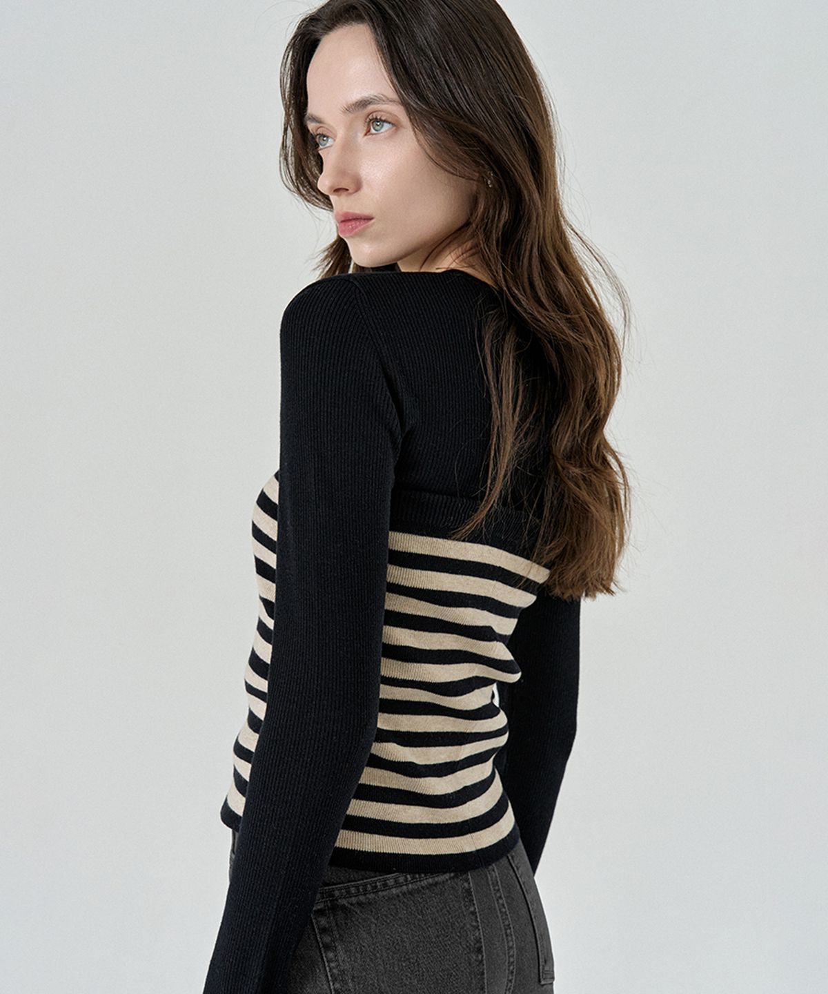 필로트(PELOTE) Merino Stripe Top (Black Beige)