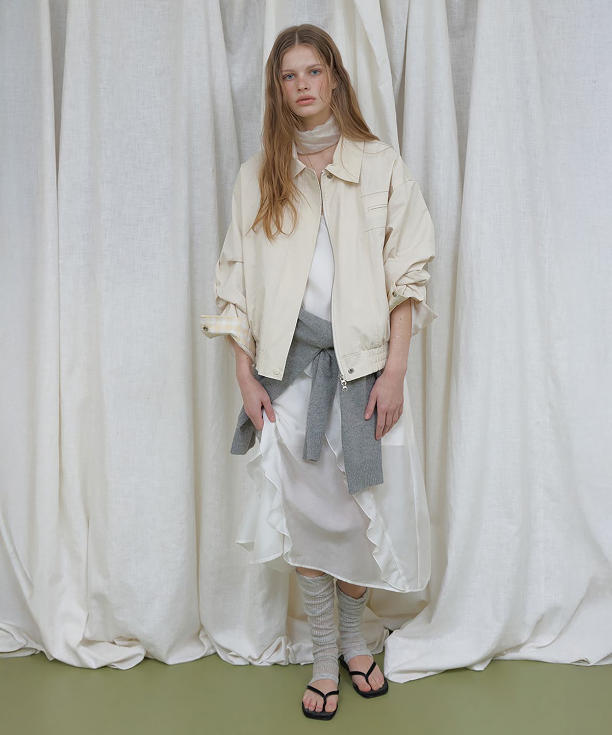 론크(LONQUE) LONQUE CHECK 2-WAY BLOUSON JACKET_JUMPER (CREAM)