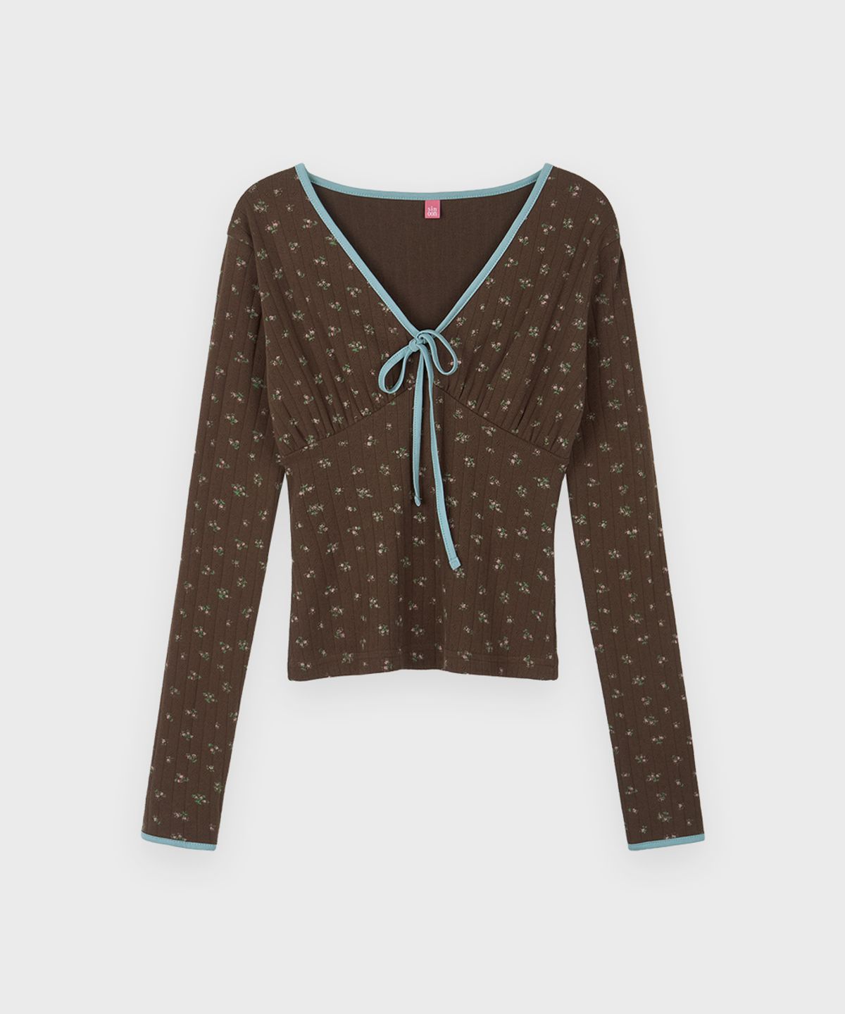 시눈(SINOON) Flower Neck Ribbon T-Shirt (Brown)