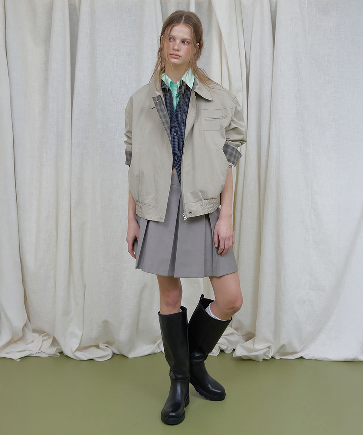 론크(LONQUE) LONQUE CHECK 2-WAY BLOUSON JACKET_JUMPER (GRAY BEIGE)