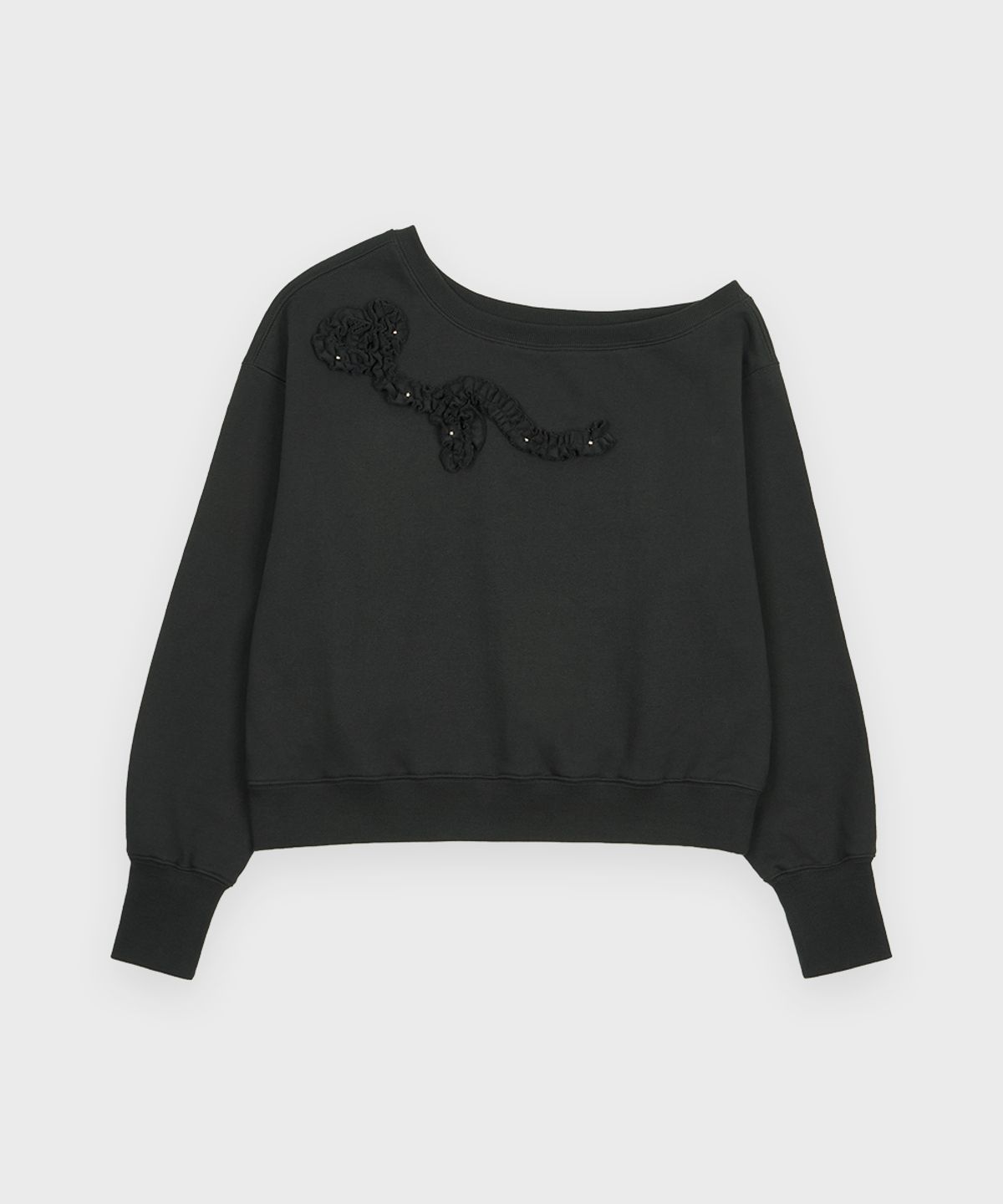 시눈(SINOON) Off Shoulder Frill Sweatshirt (Charcoal)