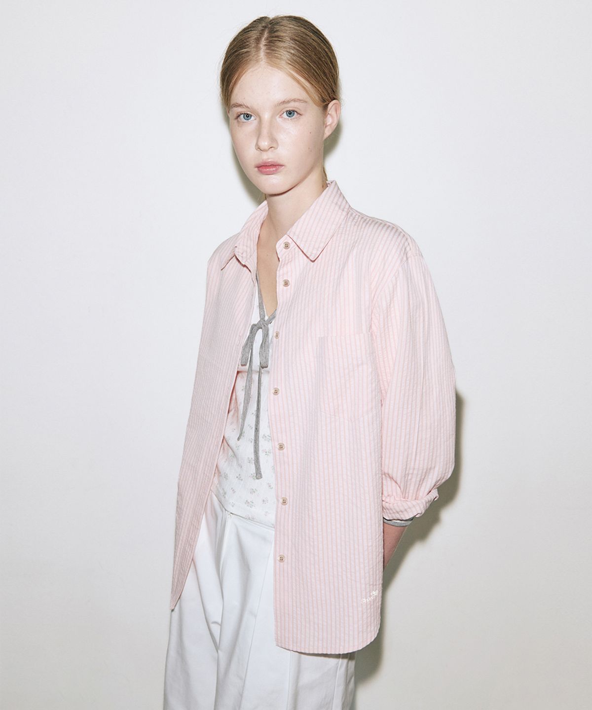 시눈(SINOON) Seersucker Stripe Shirt (Pink)