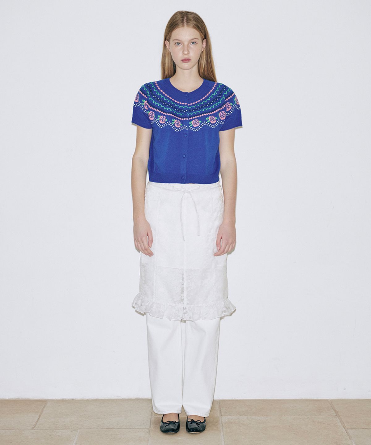 시눈(SINOON) [하츠투하츠 스텔라 착용] Rose Jacquard Short-Sleeve Cardigan (Blue)