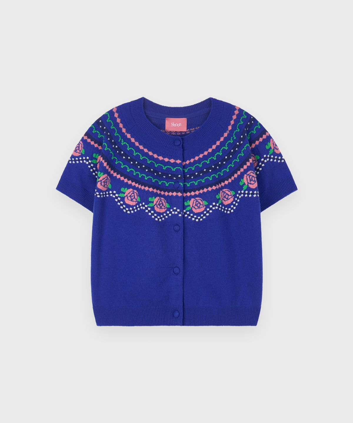 시눈(SINOON) [하츠투하츠 스텔라 착용] Rose Jacquard Short-Sleeve Cardigan (Blue)