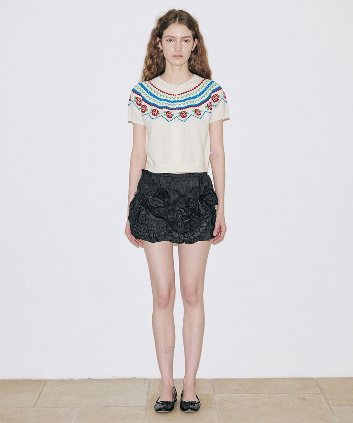 시눈(SINOON) Rose Jacquard Short-Sleeve Cardigan (Ivory)