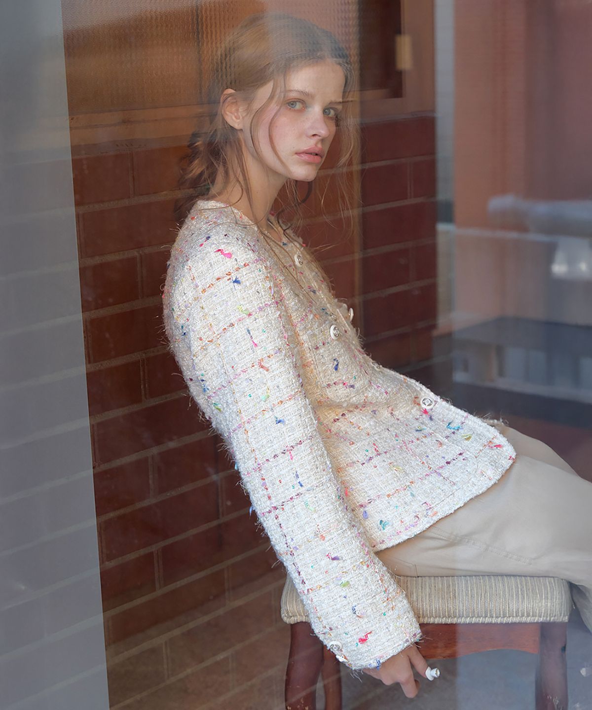 론크(LONQUE) ROUND NECK TWEED JACKET (IVORY)