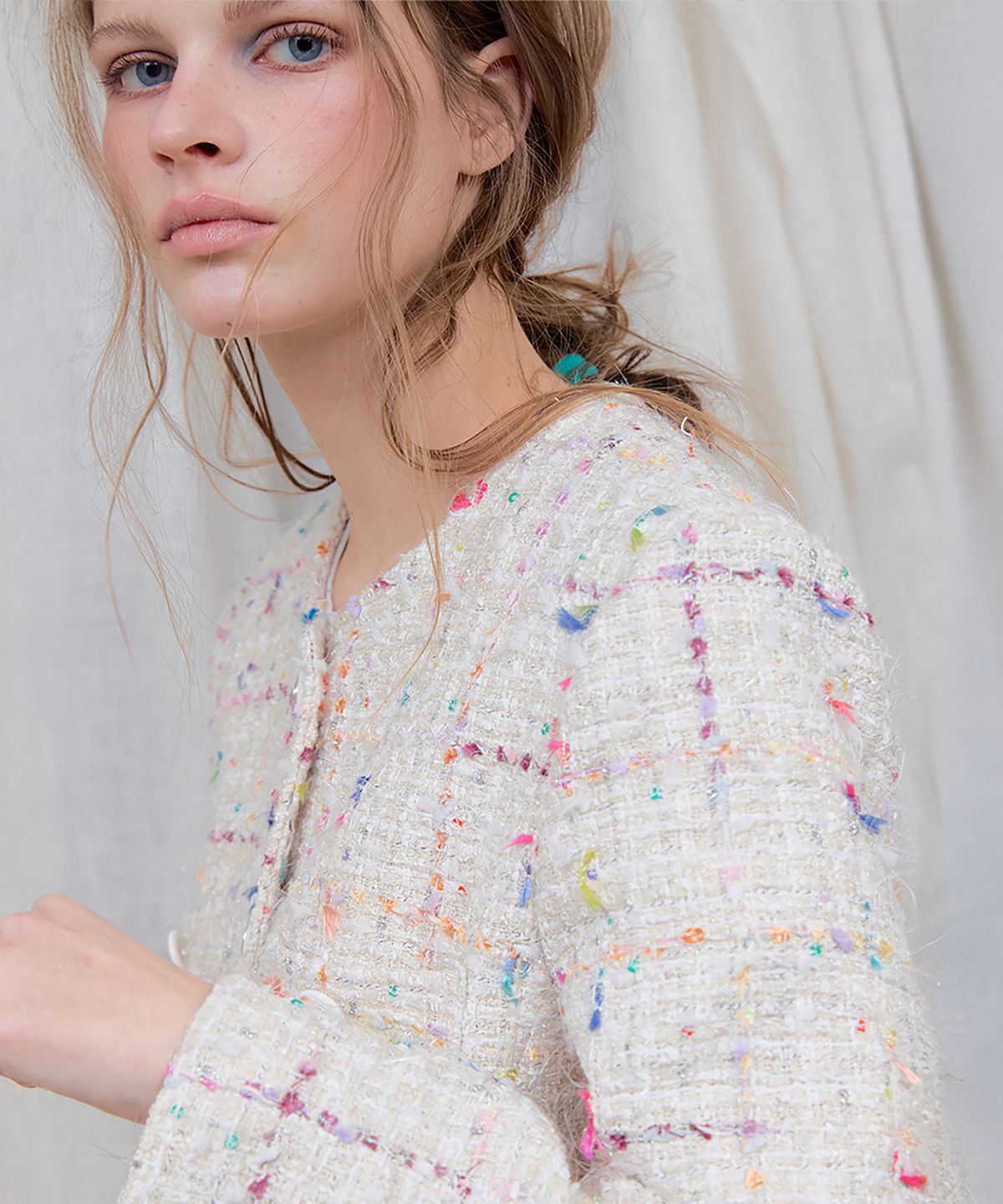 론크(LONQUE) ROUND NECK TWEED JACKET (IVORY)