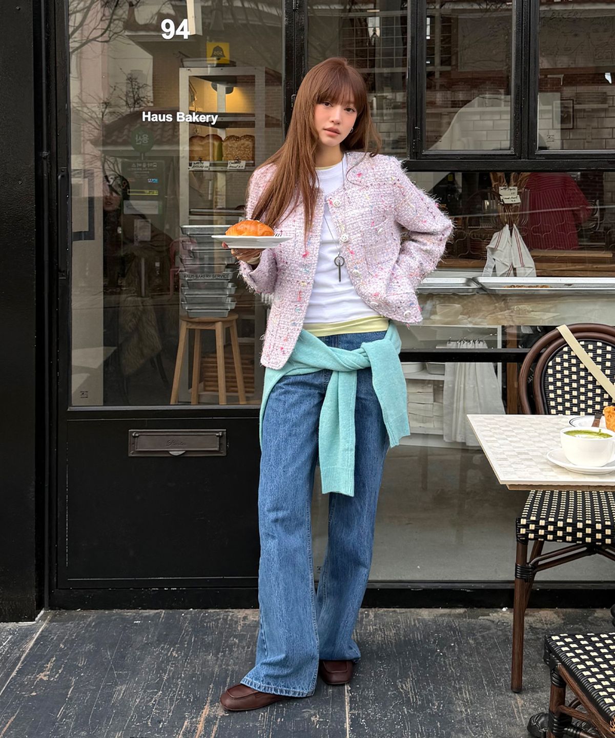 론크(LONQUE) ROUND NECK TWEED JACKET (LIGHT PURPLE)