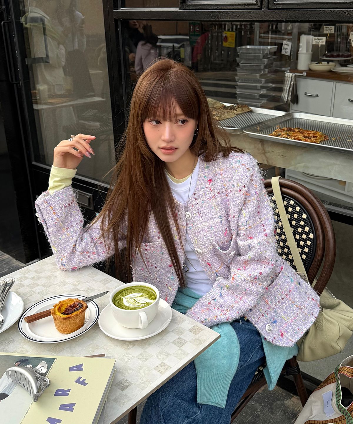 론크(LONQUE) ROUND NECK TWEED JACKET (LIGHT PURPLE)