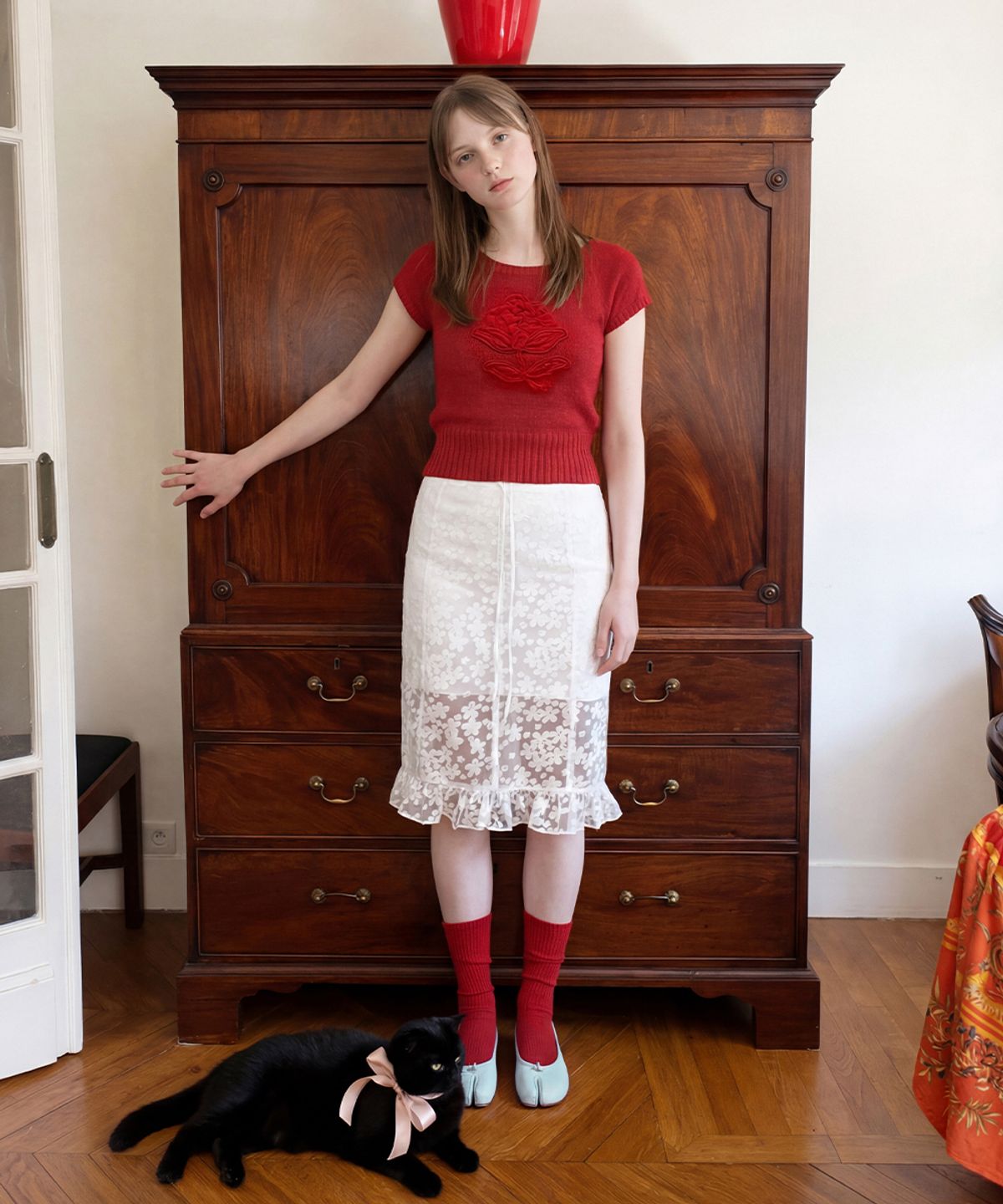 시눈(SINOON) Flower Raglan Knit (Red)