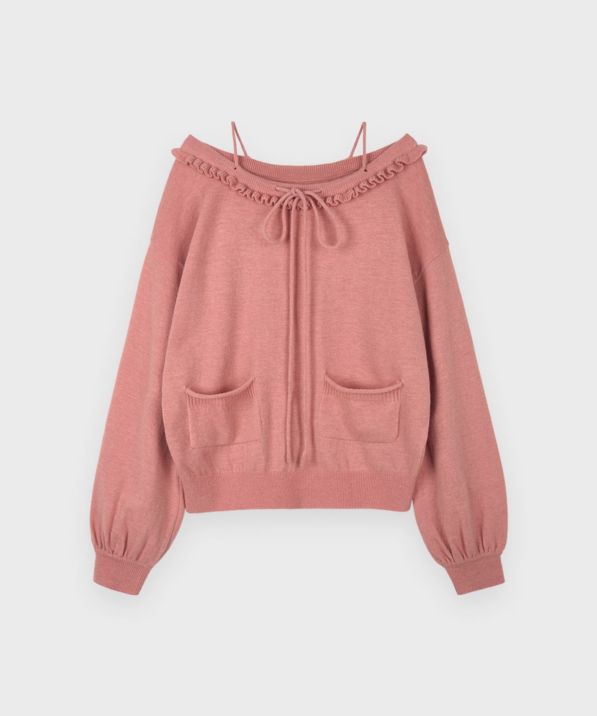 시눈(SINOON) Ruffle Lace-Up Boatneck Knit (Dusty Pink)