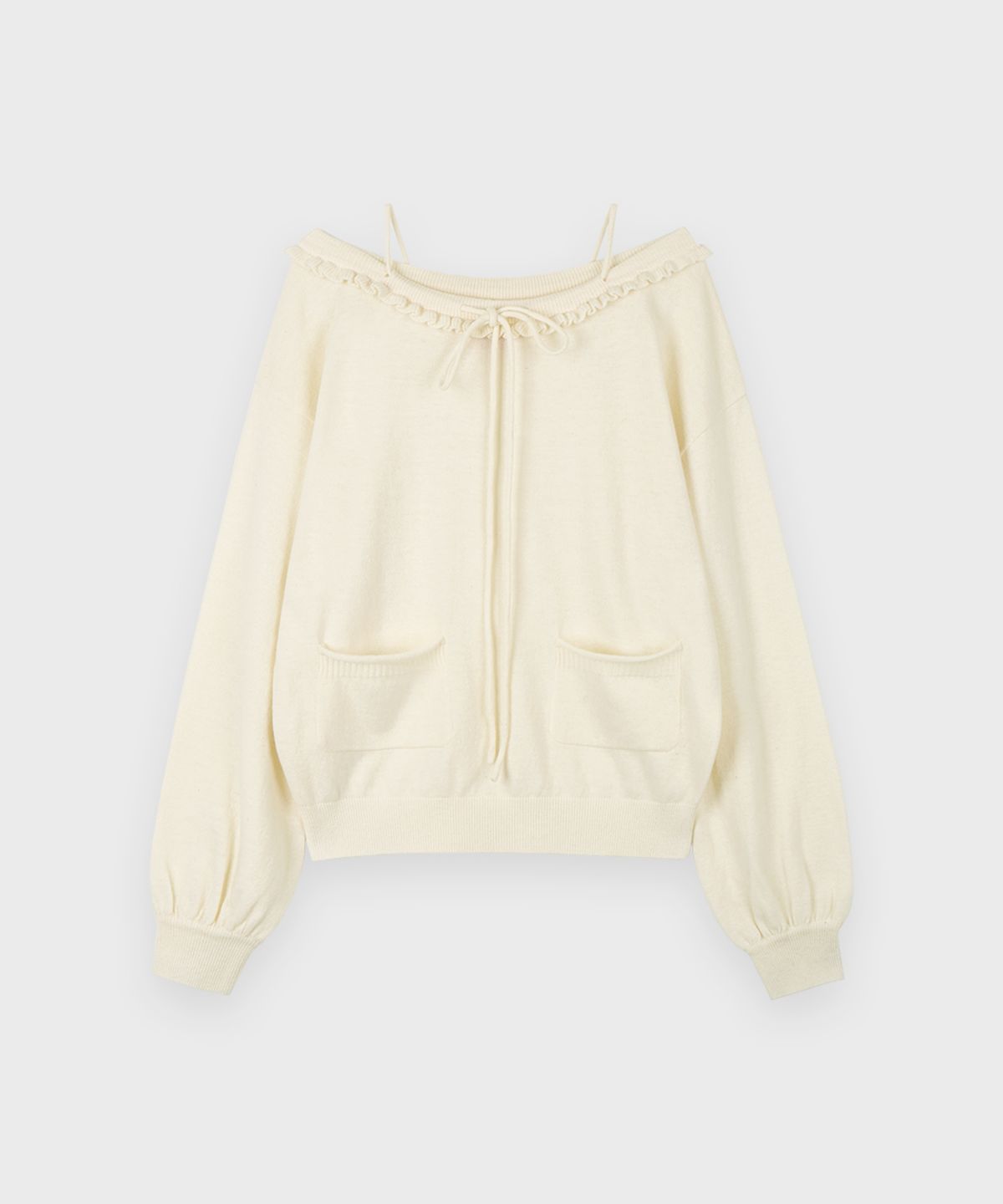 시눈(SINOON) Ruffle Lace-Up Boatneck Knit (Ivory)