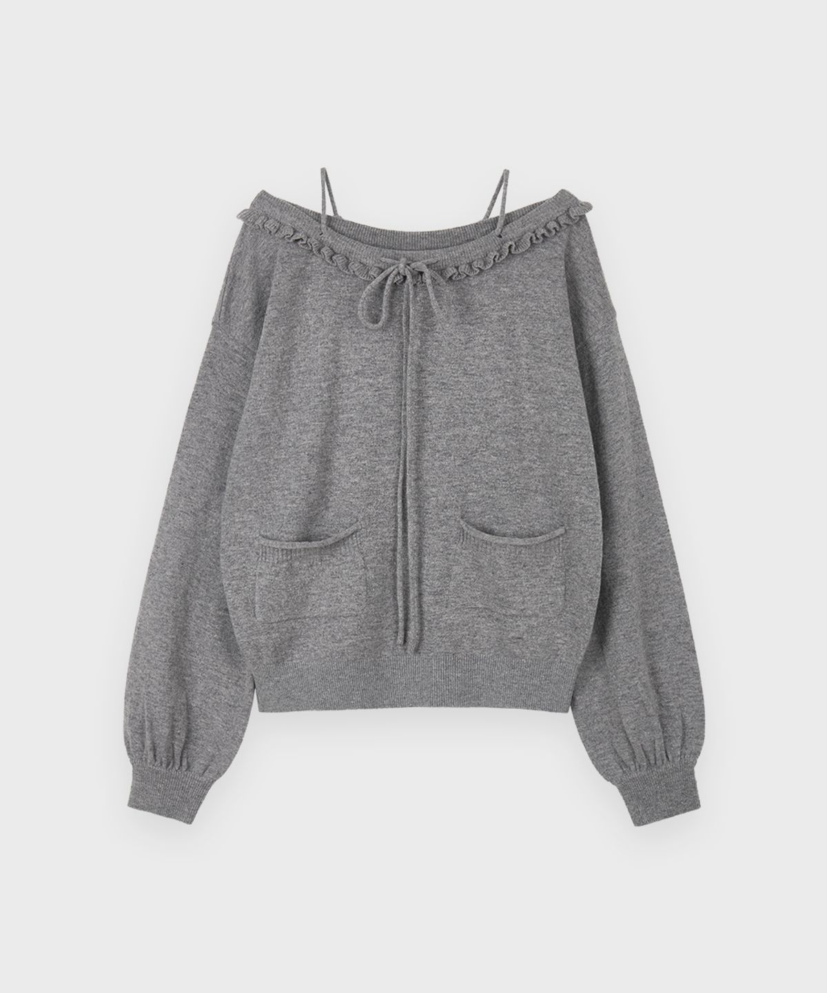 시눈(SINOON) [빌리 츠키 착용] Ruffle Lace-Up Boatneck Knit (Grey)