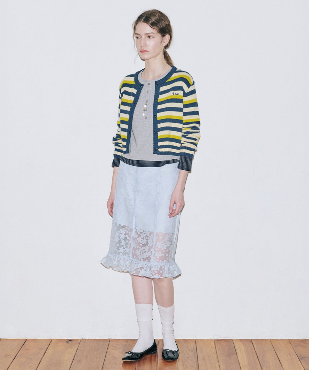 시눈(SINOON) Stripe Crop Cardigan (Navy)