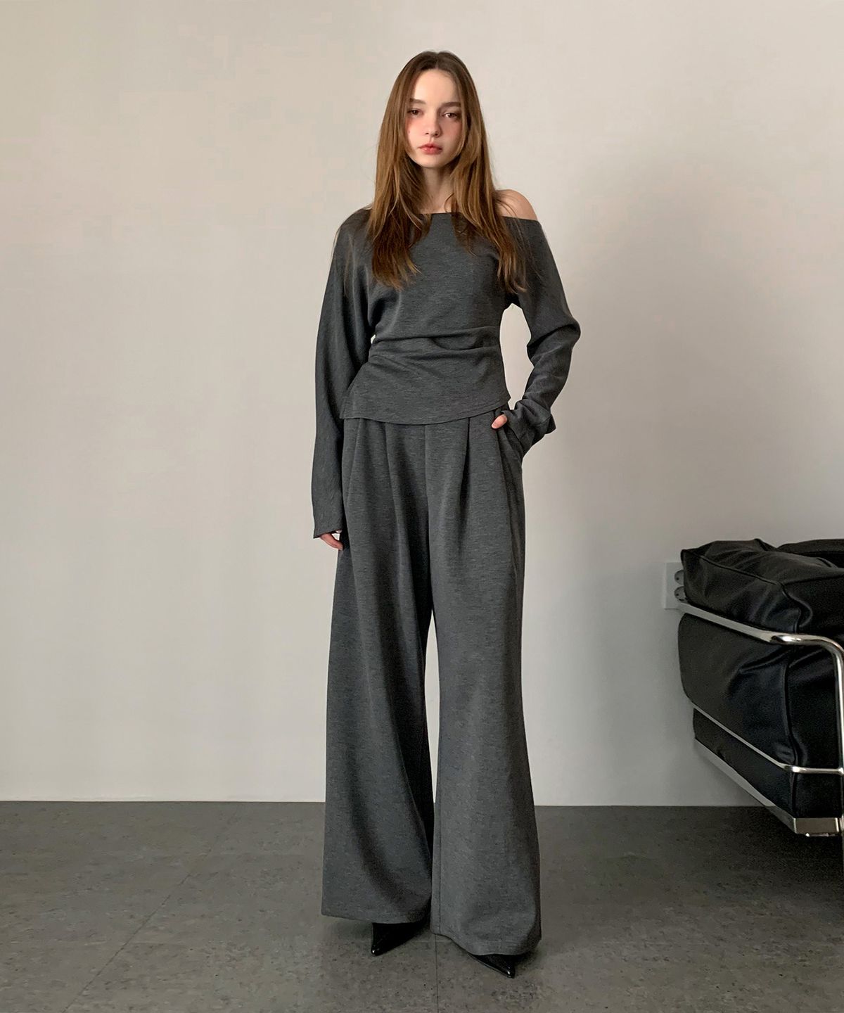 바스카라(VASCARA) [SET] Off-shoulder shirring top + Wide pants Set-up (3colors)
