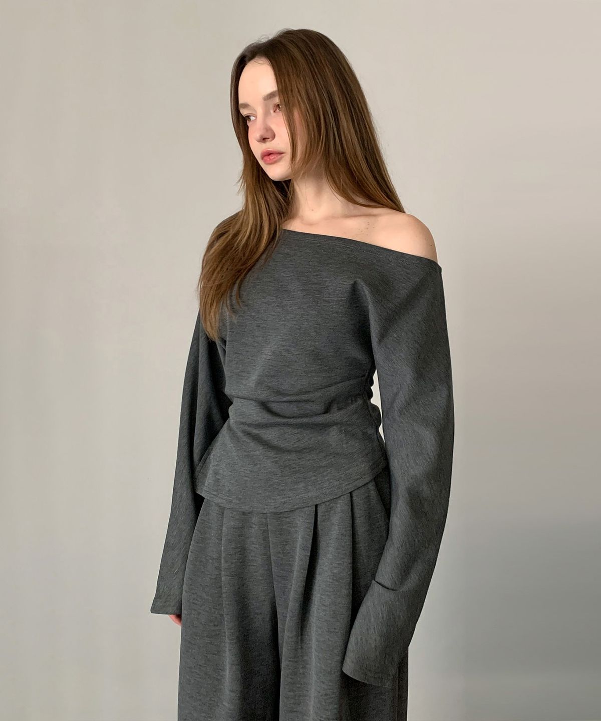 바스카라(VASCARA) [SET] Off-shoulder shirring top + Wide pants Set-up (3colors)