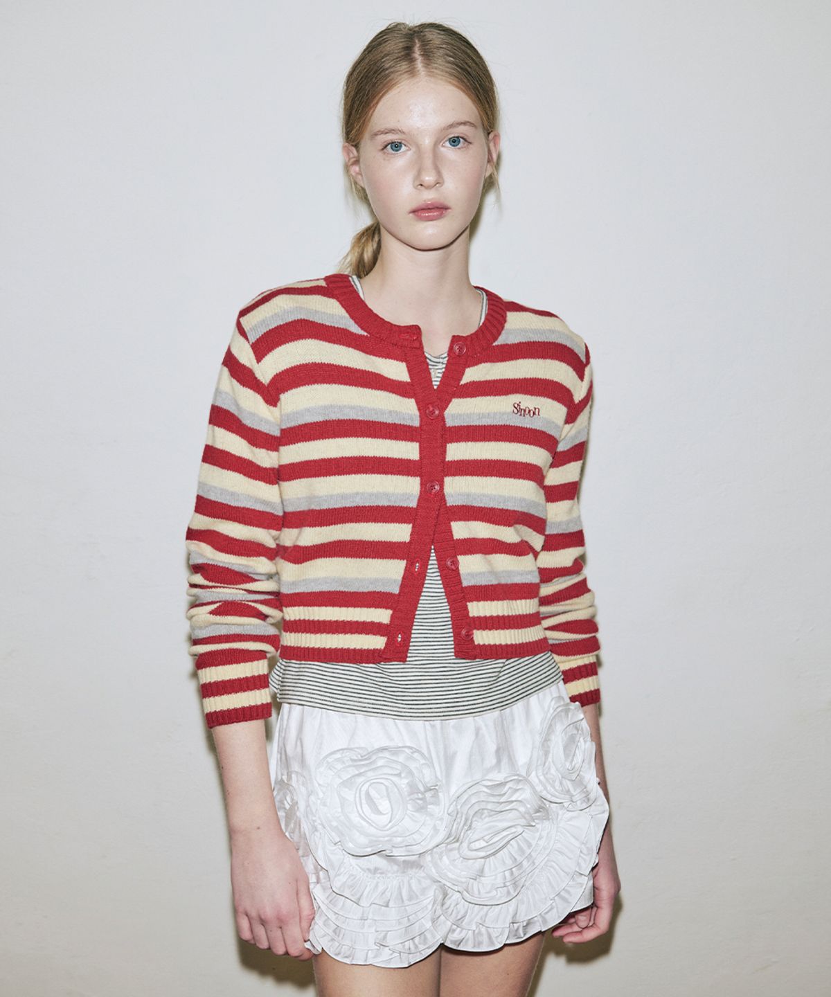 시눈(SINOON) Stripe Crop Cardigan (Red)