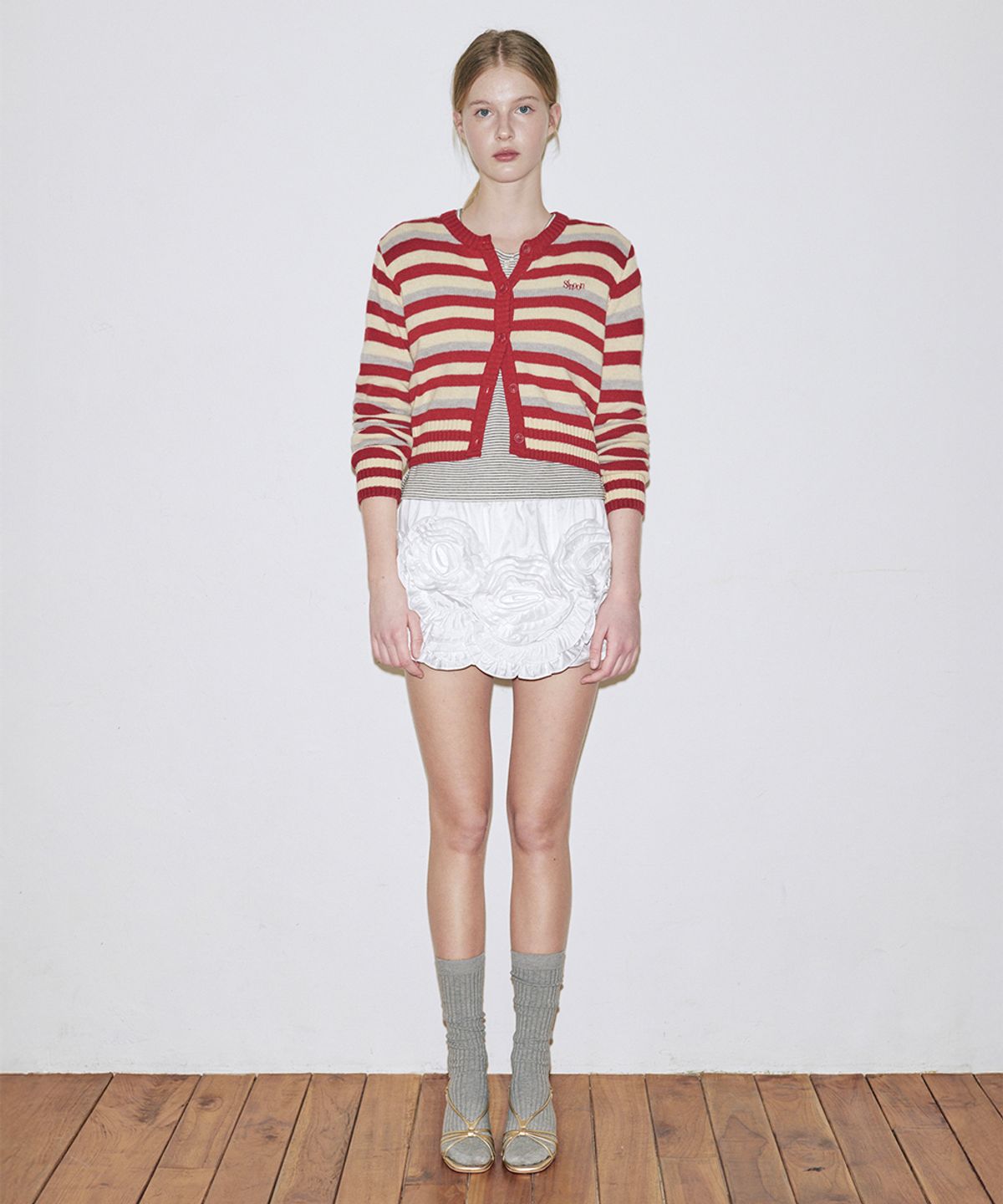 시눈(SINOON) Stripe Crop Cardigan (Red)