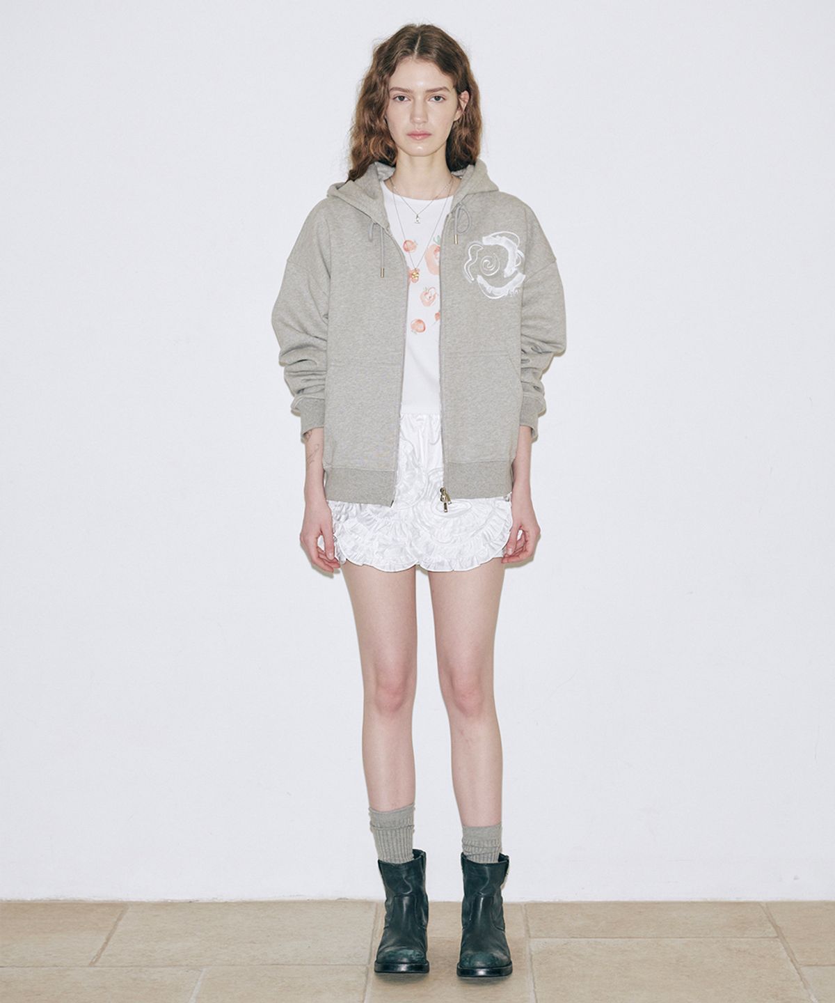 시눈(SINOON) Rose Stamp Hooded Zip-Up (Melange Grey)
