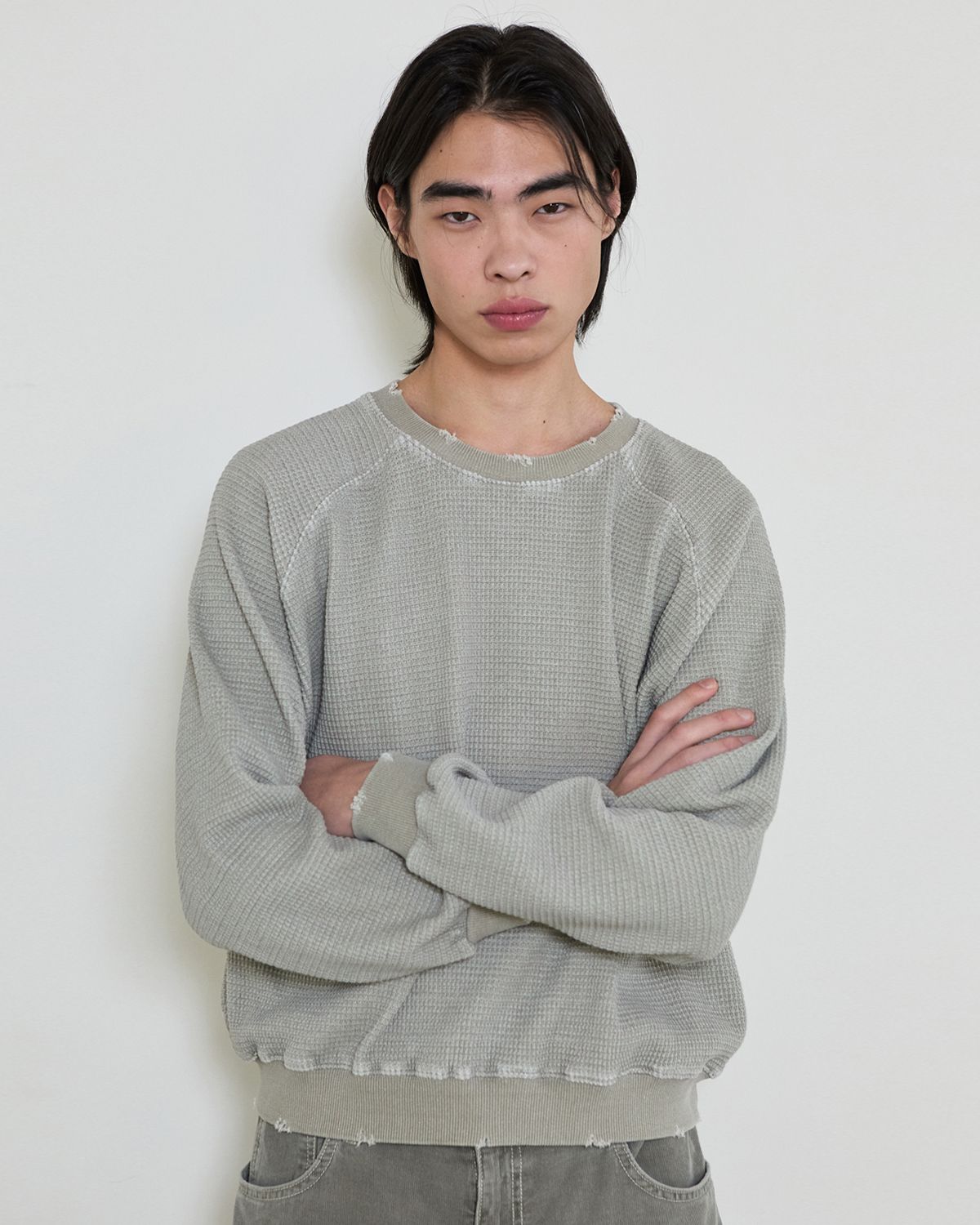 디앤드퀘스천(THEENDQUESTION) Waffle damage t-shirt / LIGHT KHAKI
