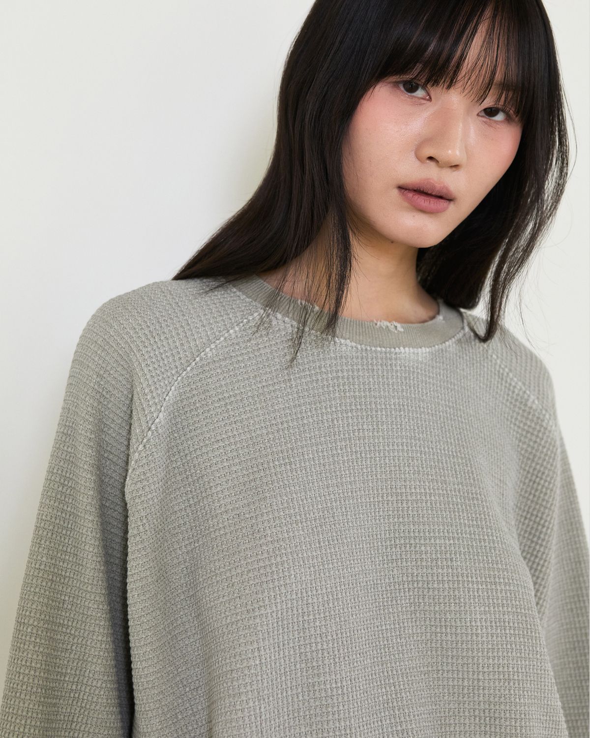 디앤드퀘스천(THEENDQUESTION) Waffle damage t-shirt / LIGHT KHAKI