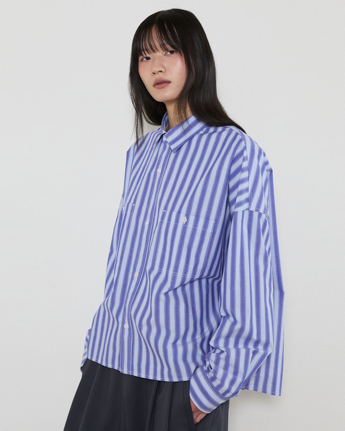 디앤드퀘스천(THEENDQUESTION) Stripe crop shirt / BLUE