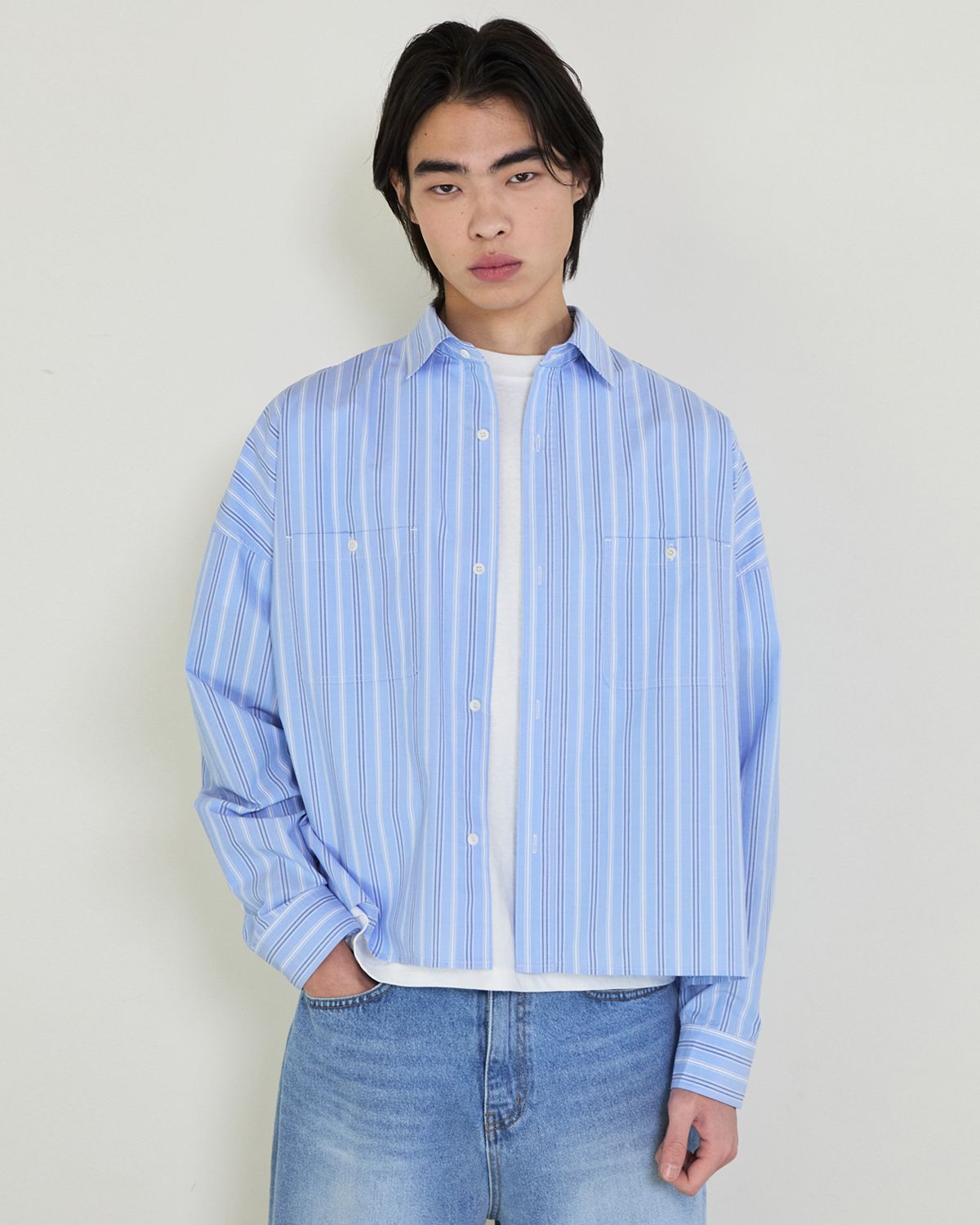 디앤드퀘스천(THEENDQUESTION) Stripe crop shirt / LIGHT BLUE