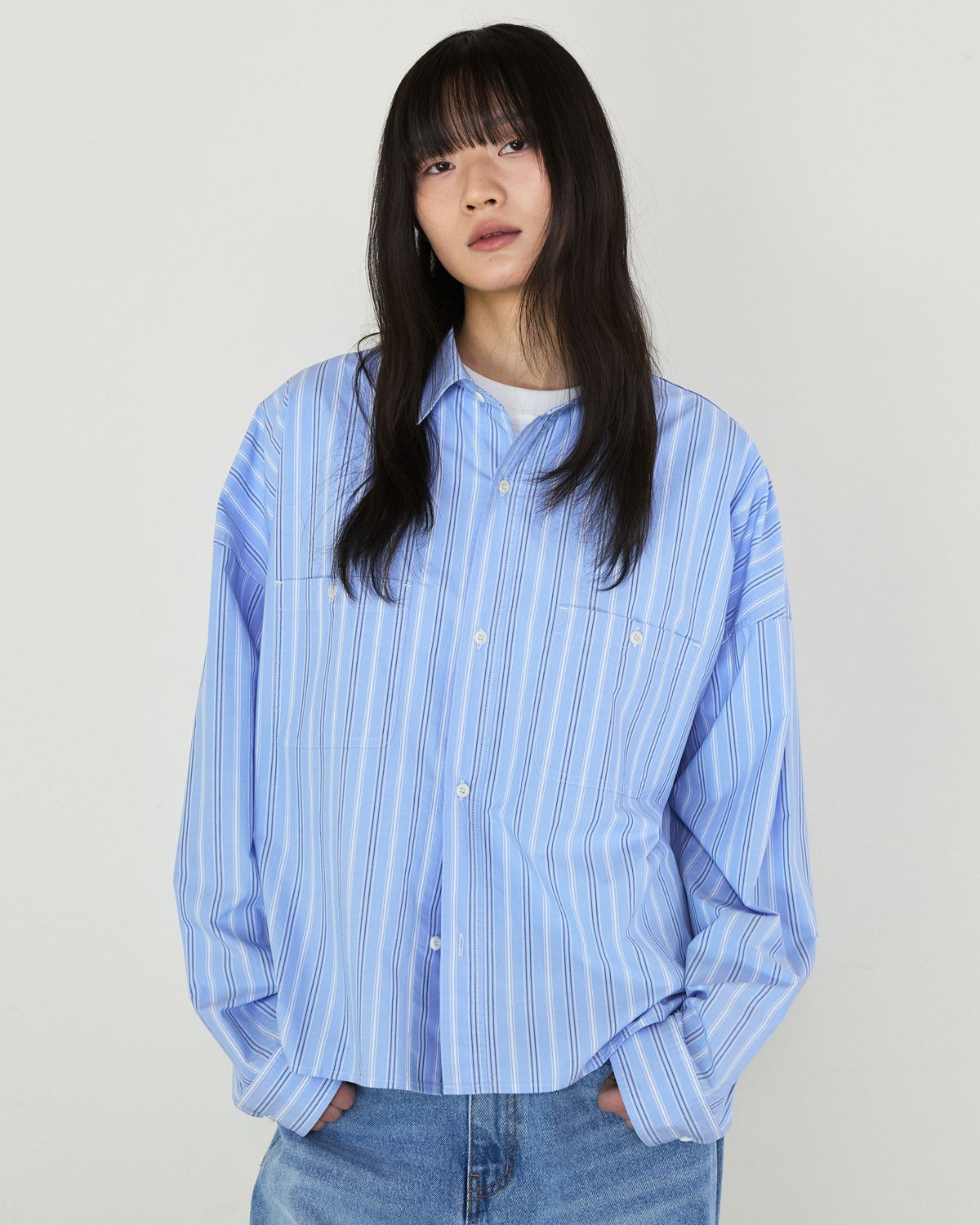 디앤드퀘스천(THEENDQUESTION) Stripe crop shirt / LIGHT BLUE