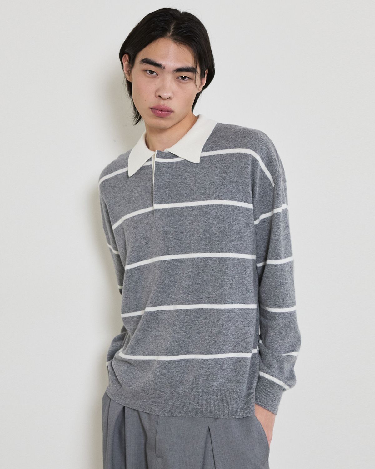 디앤드퀘스천(THEENDQUESTION) Stripe collar knit top / GRAY