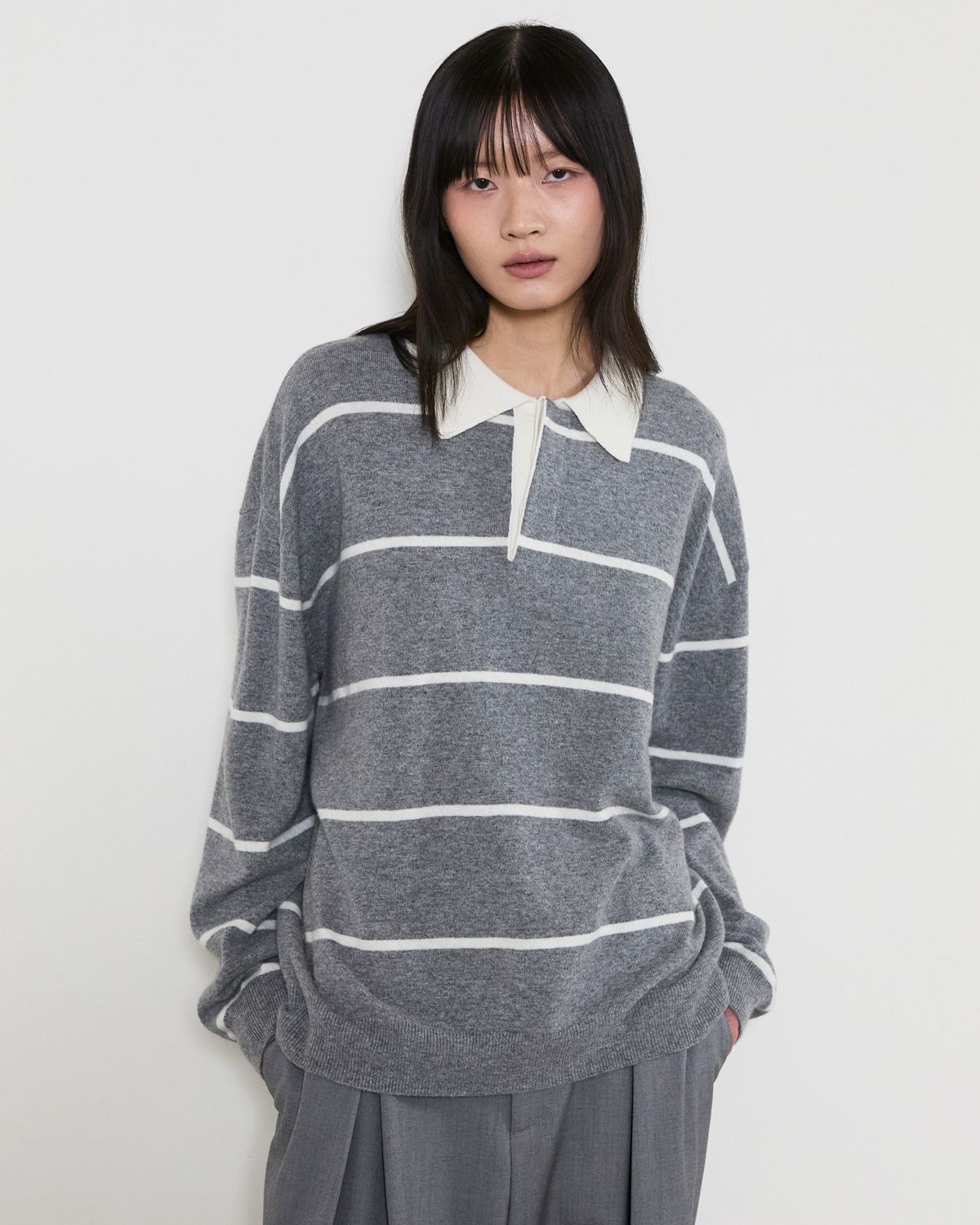 디앤드퀘스천(THEENDQUESTION) Stripe collar knit top / GRAY
