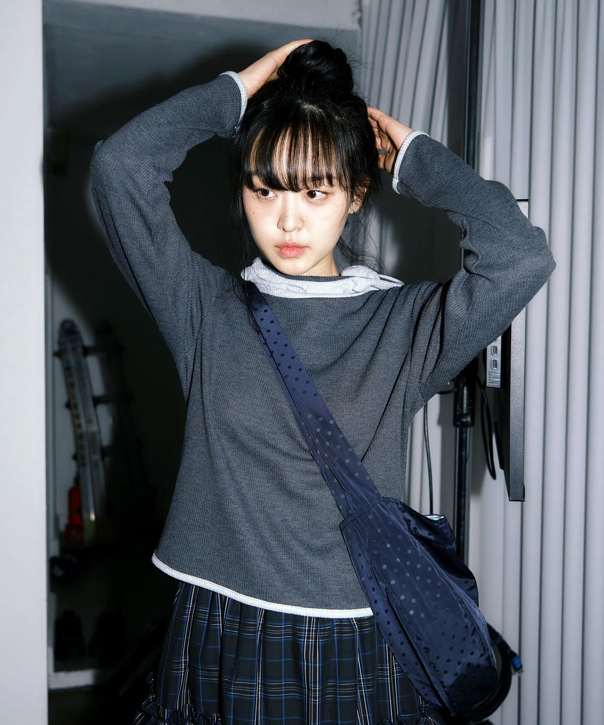 키지코(KIJIKO) ke308-Balaclava Waffle Hoodie Charcoal
