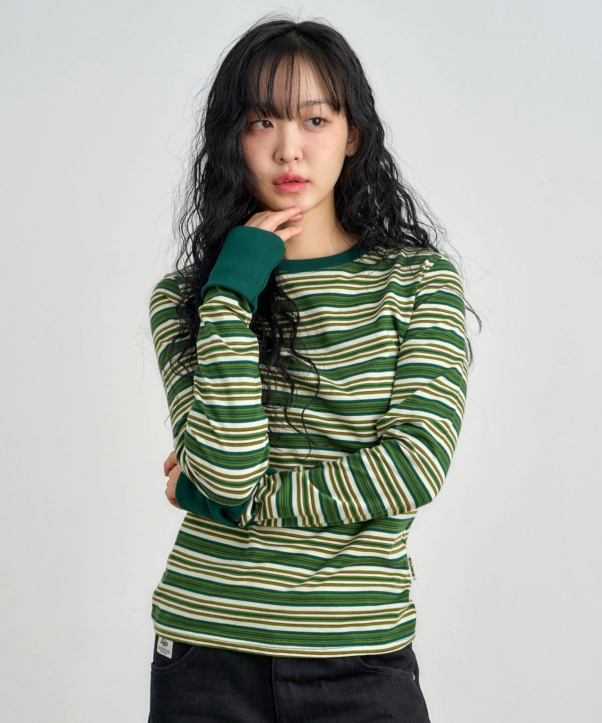 키지코(KIJIKO) ke307-Striped Cuffs Long Sleeve Green