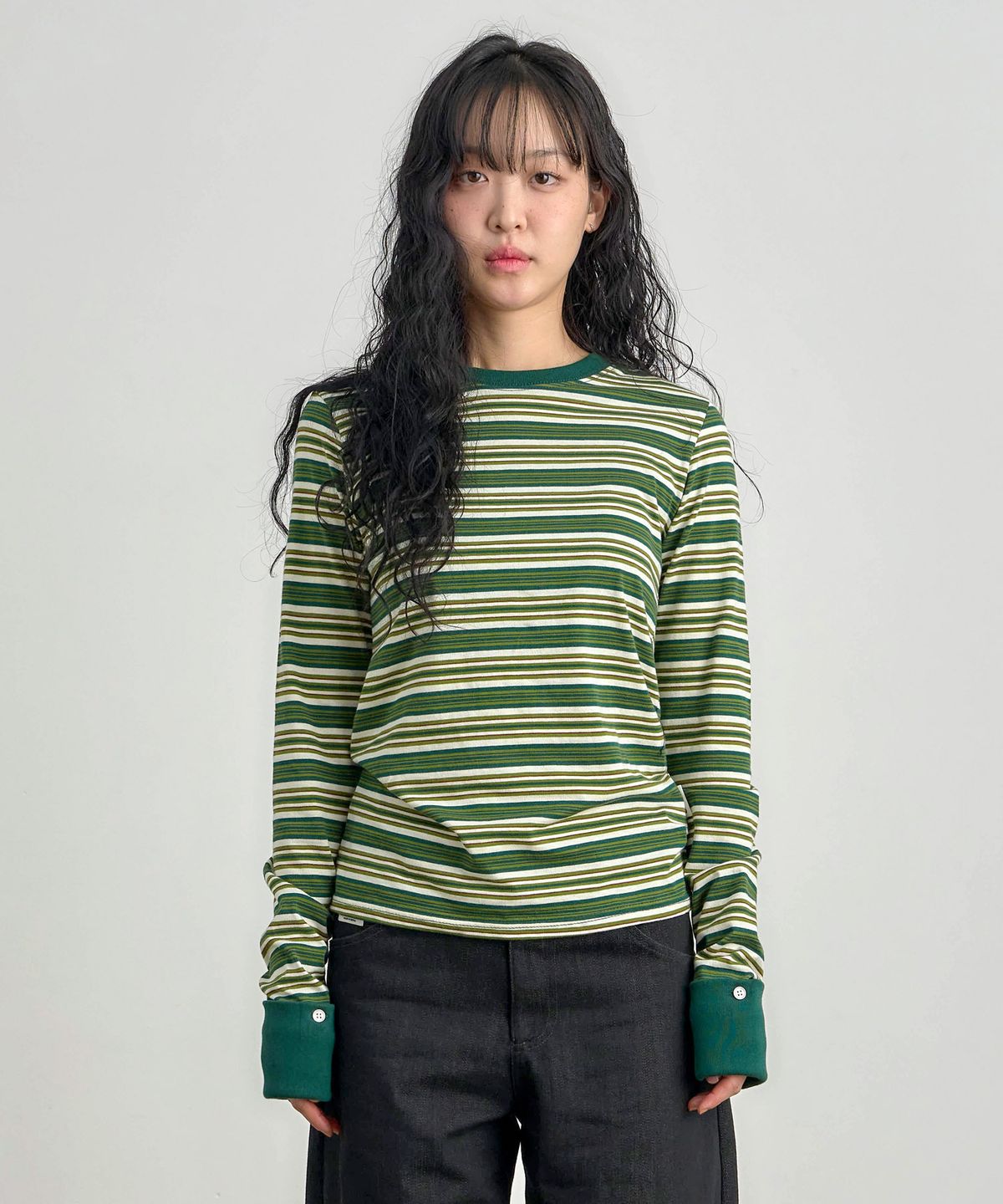 키지코(KIJIKO) ke307-Striped Cuffs Long Sleeve Green