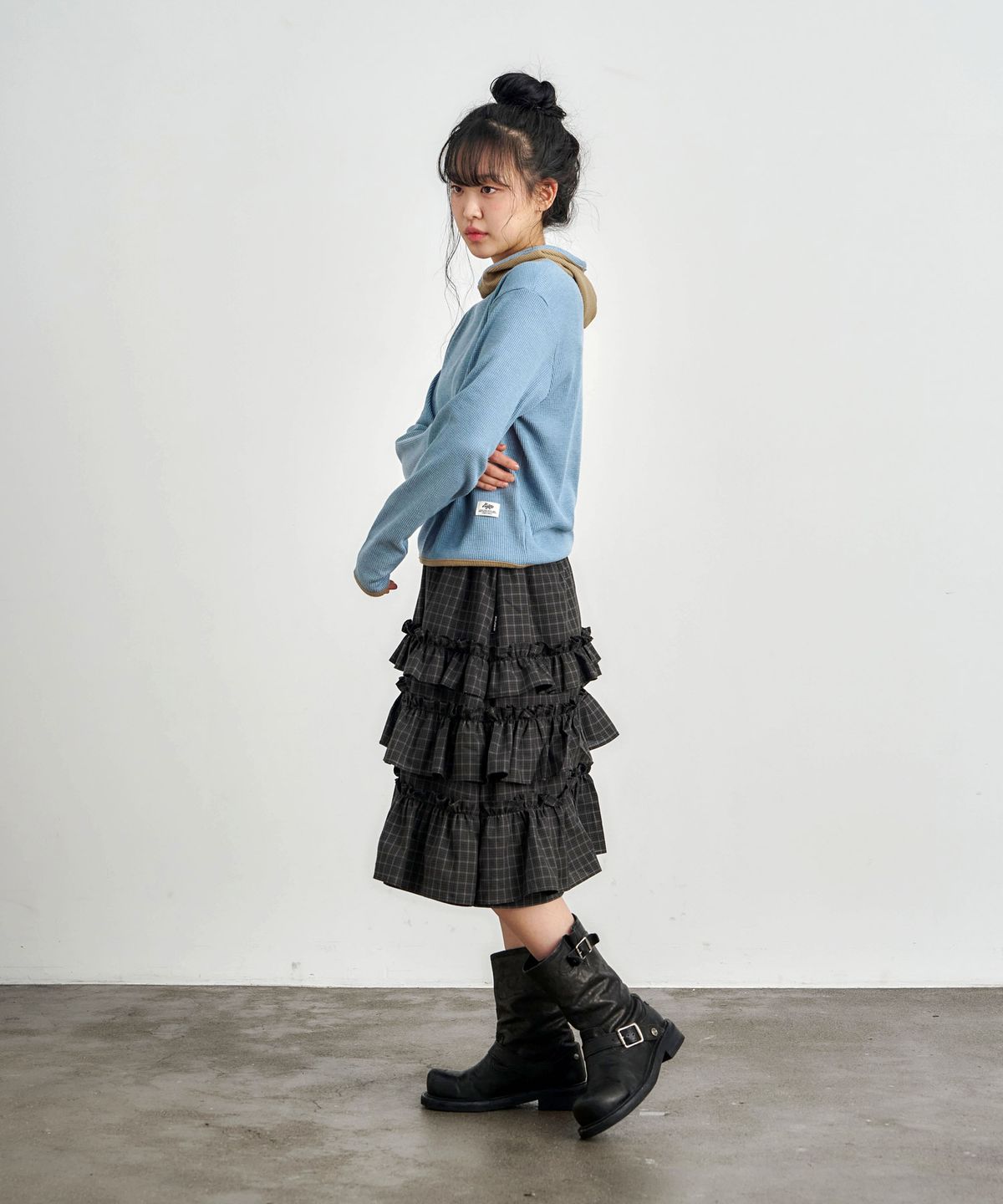 키지코(KIJIKO) [PRE-ORDER] ke702-Frill Cancan Midi Skirtt Check Charcoal