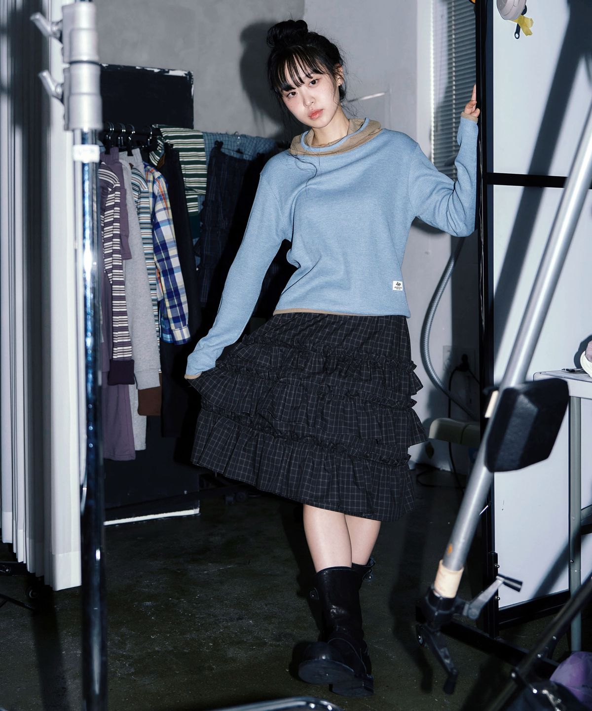 키지코(KIJIKO) [PRE-ORDER] ke702-Frill Cancan Midi Skirtt Check Charcoal