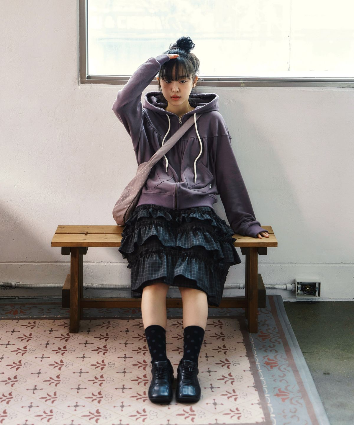 키지코(KIJIKO) [PRE-ORDER] ke702-Frill Cancan Midi Skirtt Check Charcoal