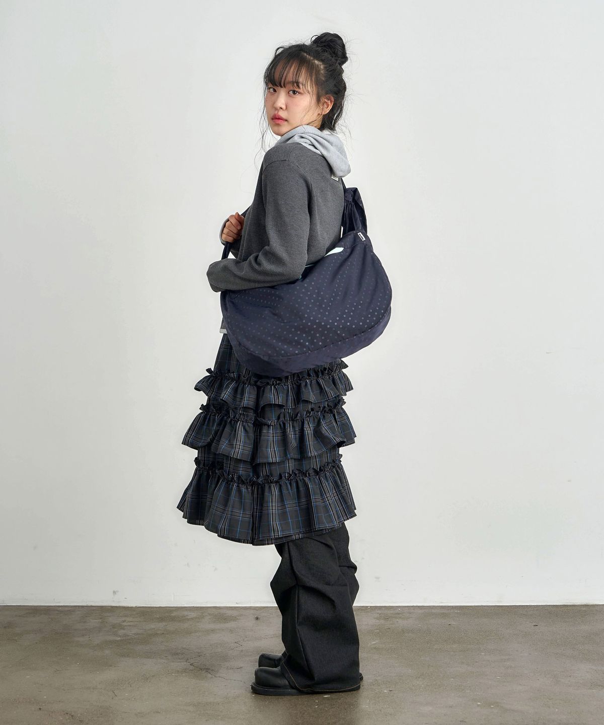 키지코(KIJIKO) [PRE-ORDER] ke702-Frill Cancan Midi Skirt Check Navy