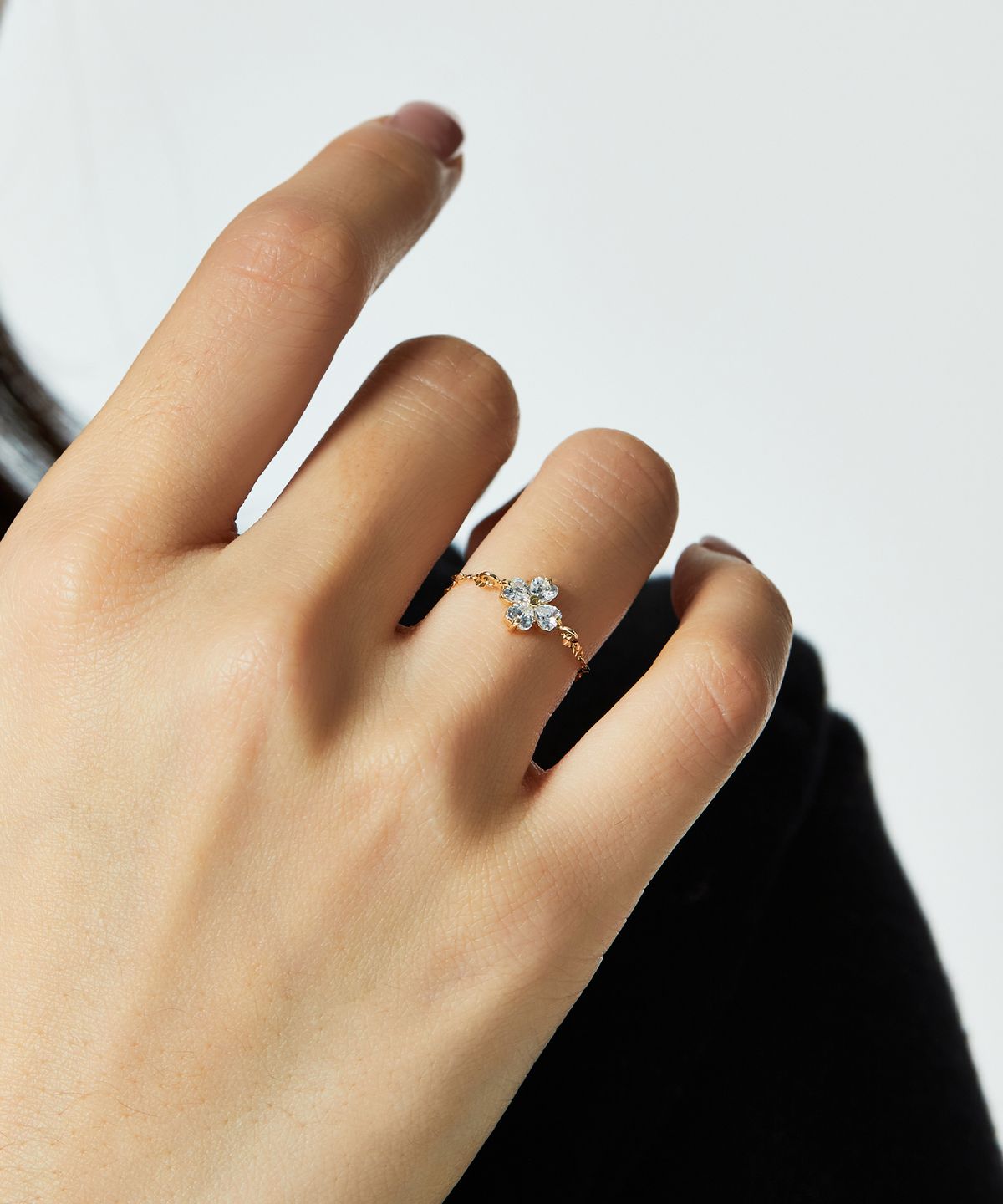 엘렌쥬얼리(HELENE JEWELRY) 14K 코튼 플라워 큐빅 클로버 체인 금 반지