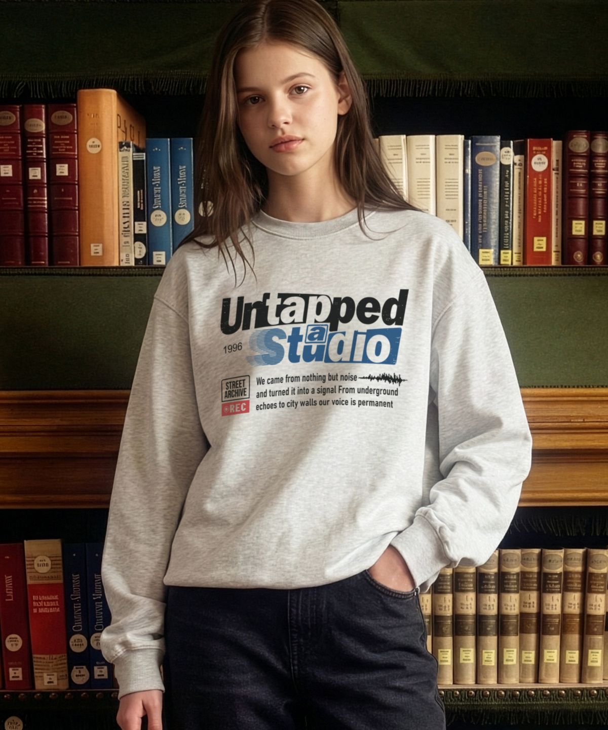 언탭트 스튜디오(UNTAPPED STUDIO) 레트로 레터링 그래픽 스웨트 오버핏 맨투맨