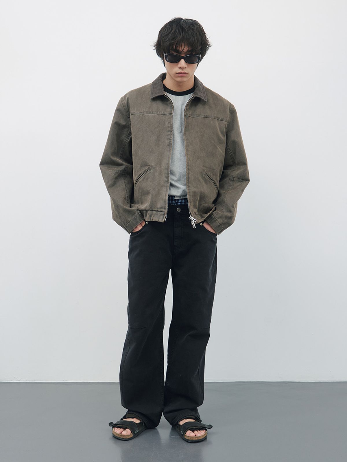 기준 맨(KIJUN MEN) Washed Leather Work Jacket Khaki Brown