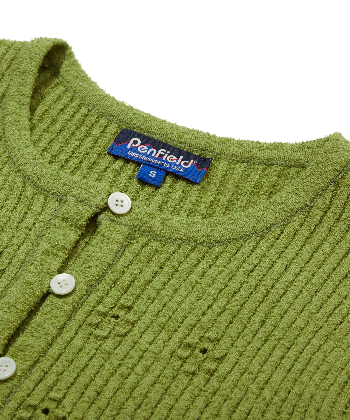 펜필드(PENFIELD) 라운드넥 부클 골지 플라워 포인트 반팔 가디건 그린_FS2NJ05F
