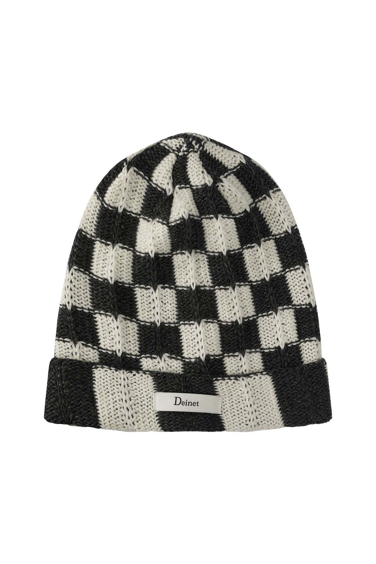 다이닛(DEINET) CHECKERED NEAT KNIT BEANIE IN CHARCOAL