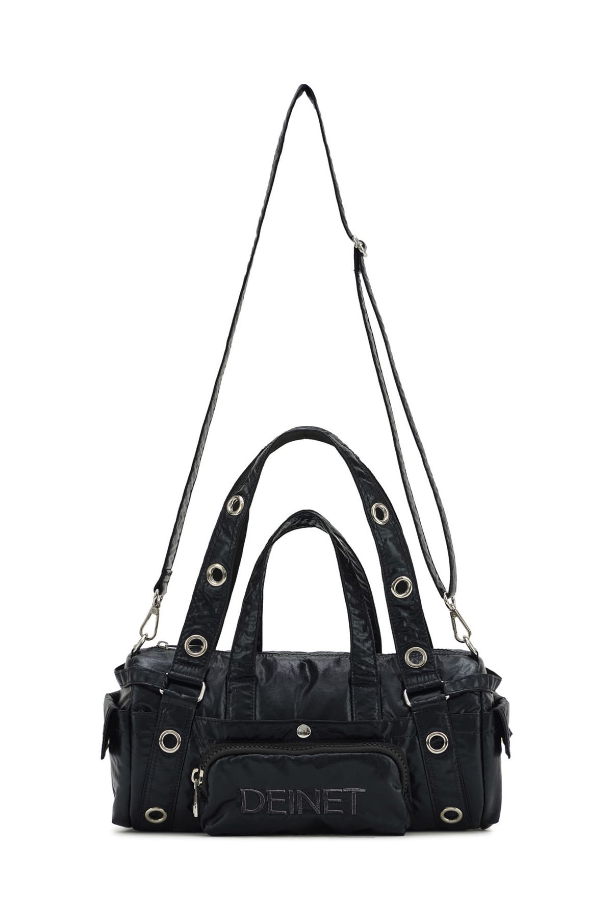 다이닛(DEINET) EYELET GLOSSY MINI DUFFLE BAG IN BLACK