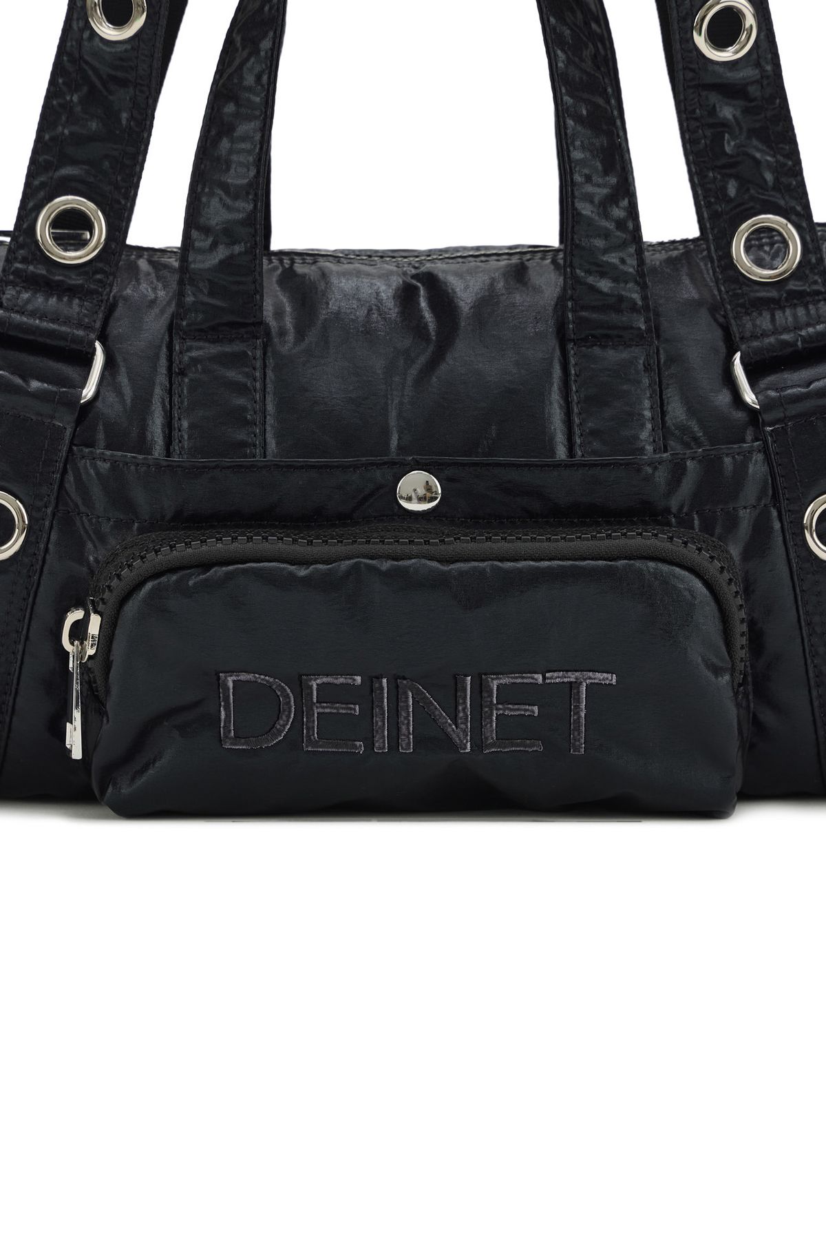 다이닛(DEINET) EYELET GLOSSY MINI DUFFLE BAG IN BLACK