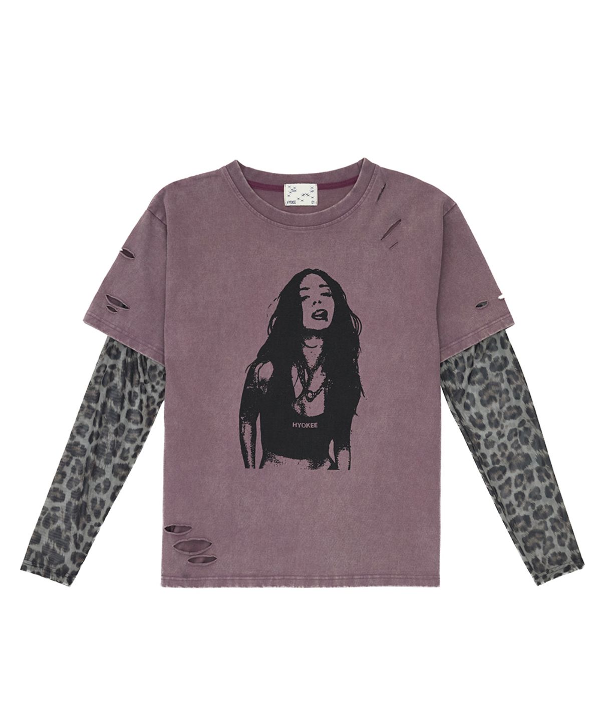 노 엑스트라 터치(NO EXTRA TOUCH) Distressed Leopard Mesh Long Sleeve Layered T-shirt (Purple) / 26SPTS001PU