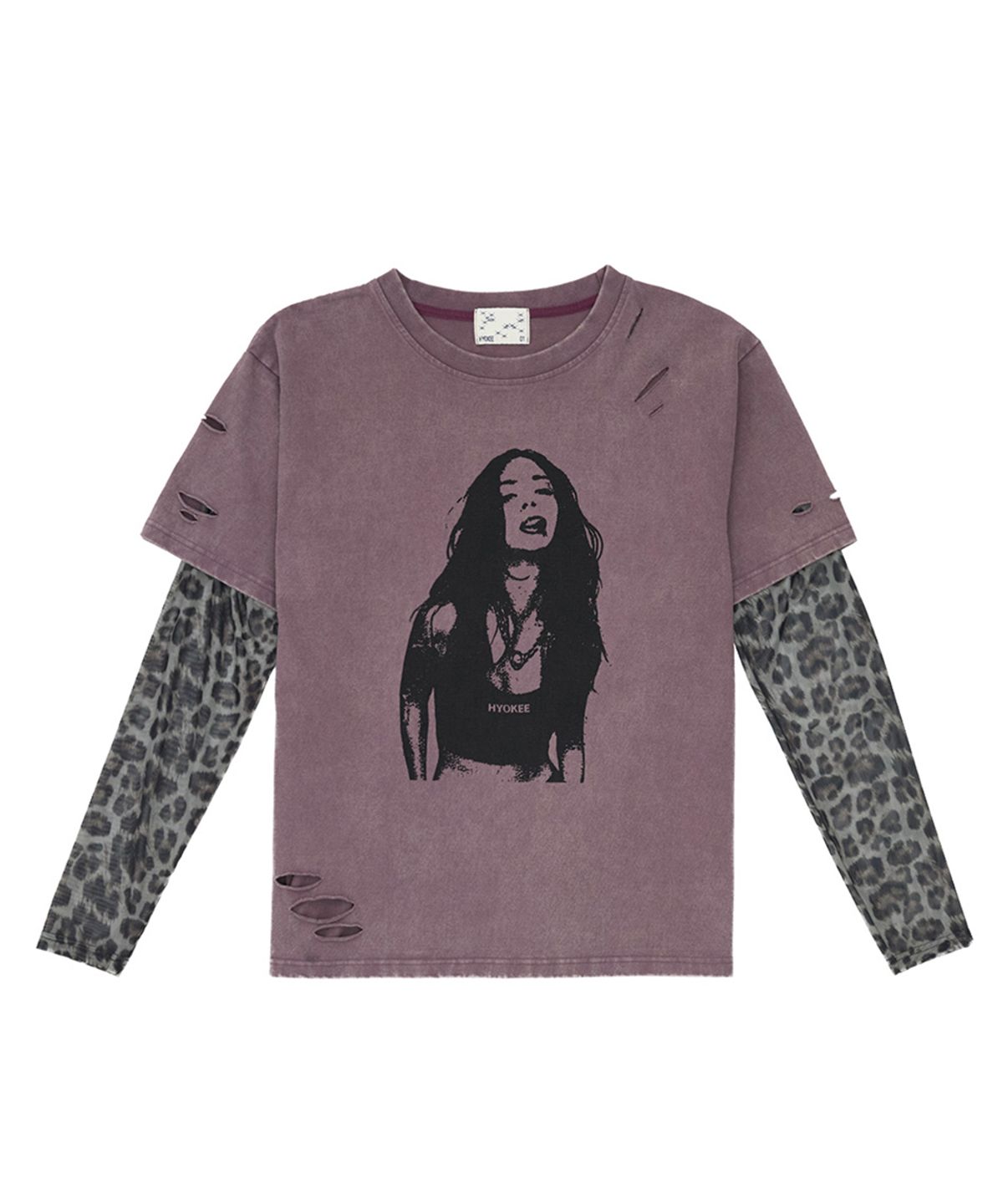 노 엑스트라 터치(NO EXTRA TOUCH) Distressed Leopard Mesh Long Sleeve Layered T-shirt (Purple) / 26SPTS001PU