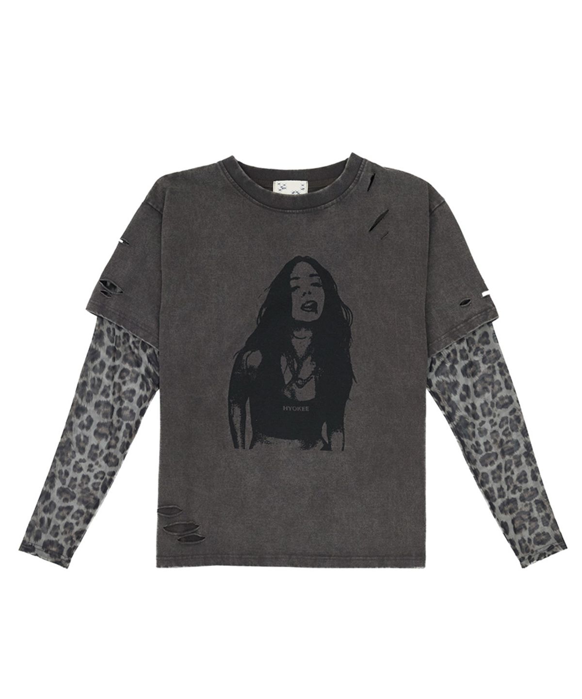노 엑스트라 터치(NO EXTRA TOUCH) Distressed Leopard Mesh Long Sleeve Layered T-shirt (Charcoal) / 26SPTS001CH