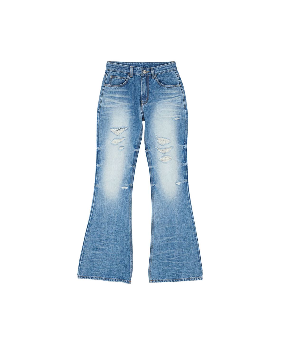 노 엑스트라 터치(NO EXTRA TOUCH) Dirty Embossed Distressed Bootcut Denim (Mid Blue)_26SPPT002MB