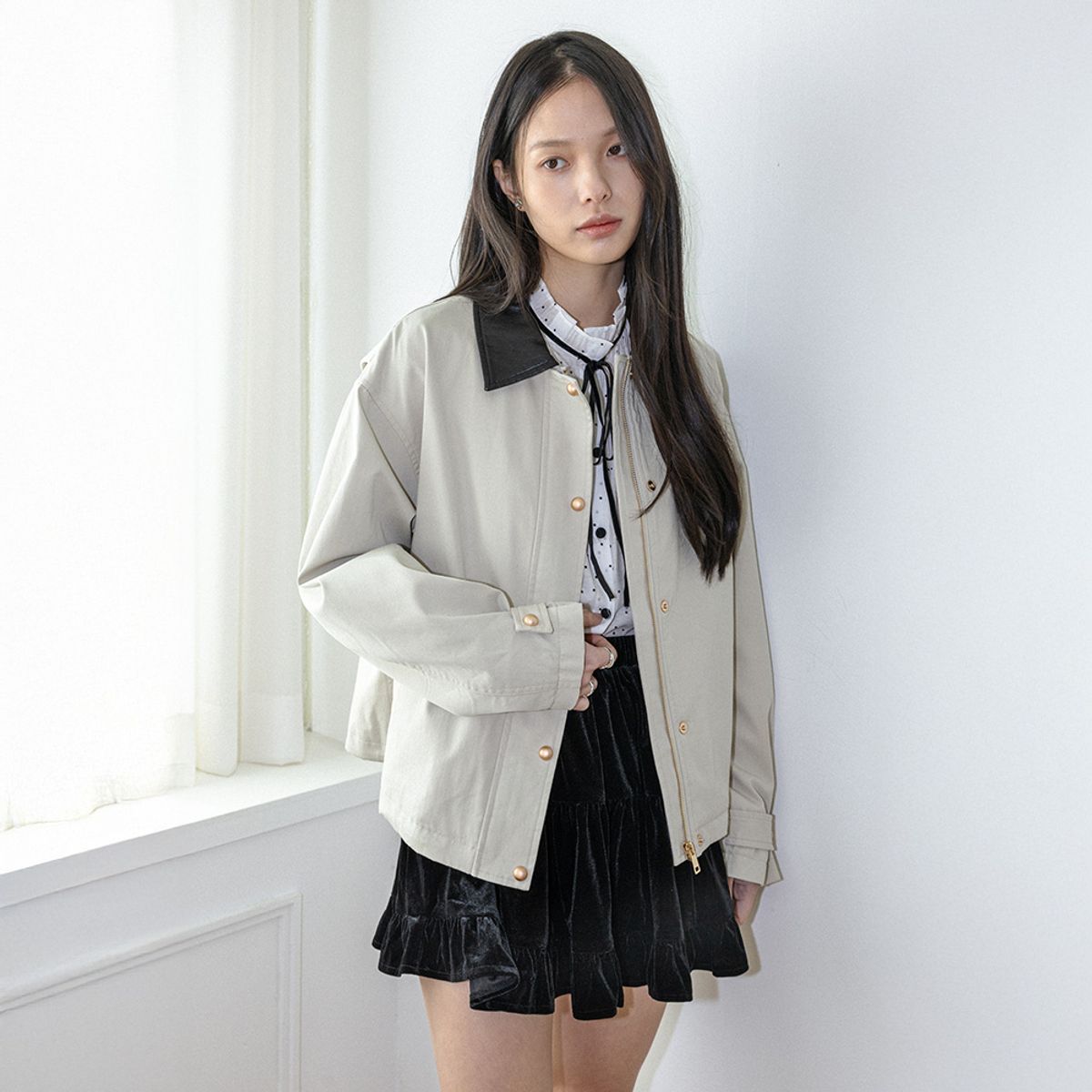 랭썬(LANGSON) LS_Collar cropped jacket_LIGHT BEIGE