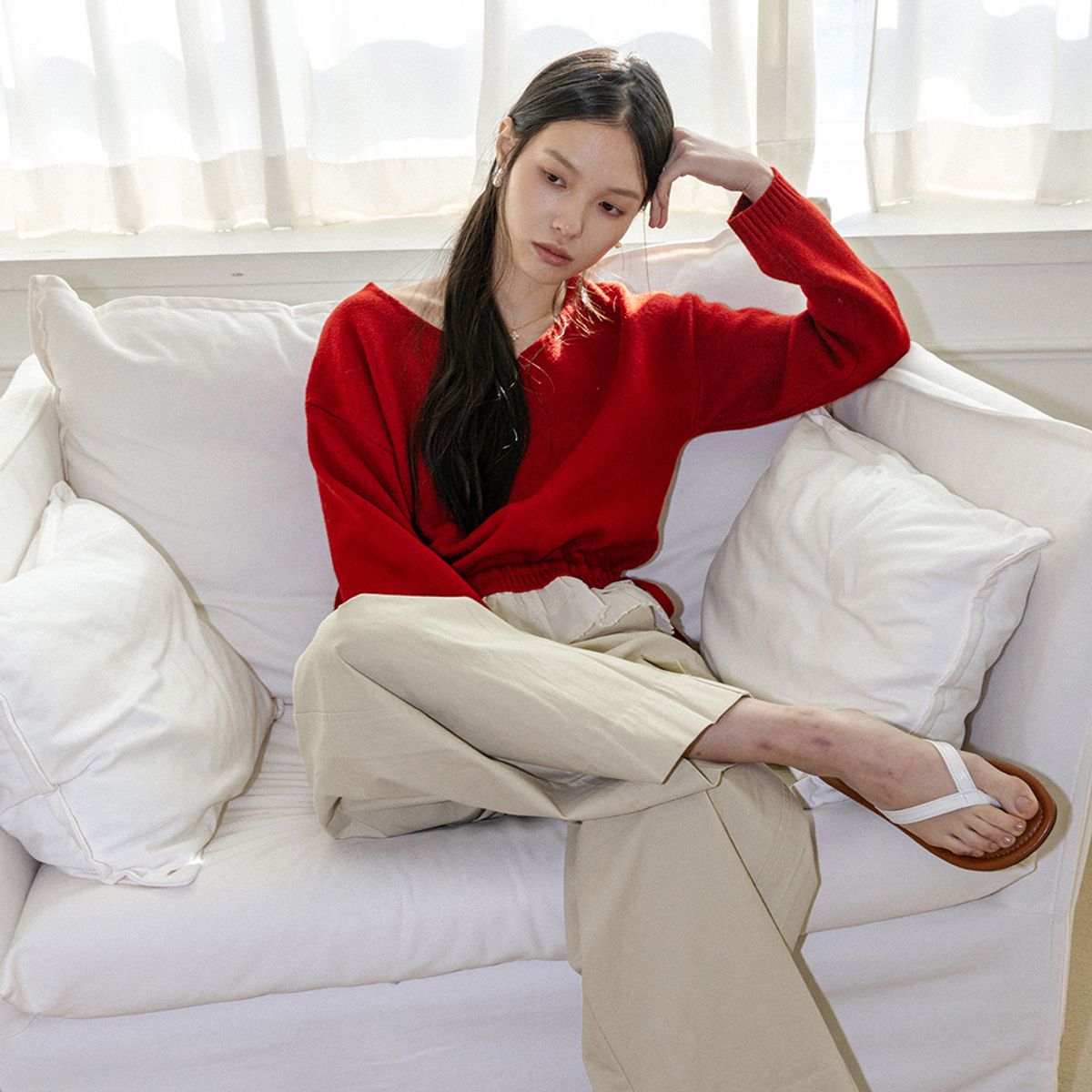 랭썬(LANGSON) LS_Casual layered knit top_RED